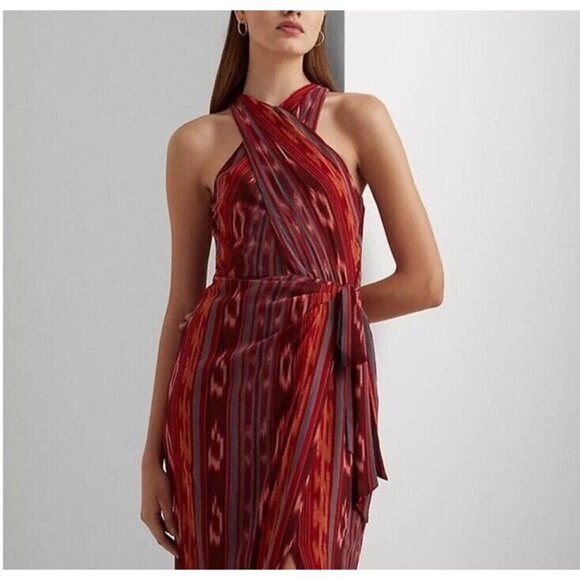 LAUREN Ralph Lauren Geo-Striped Georgette Halter Gown Maxi Dress Women's 18W NWT - Picture 3 of 12